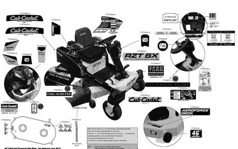 Label Map Diagram and Parts List for RZT-SX46EFI (17RWCBYN010)(2020) Cub Cadet Lawn Tractor